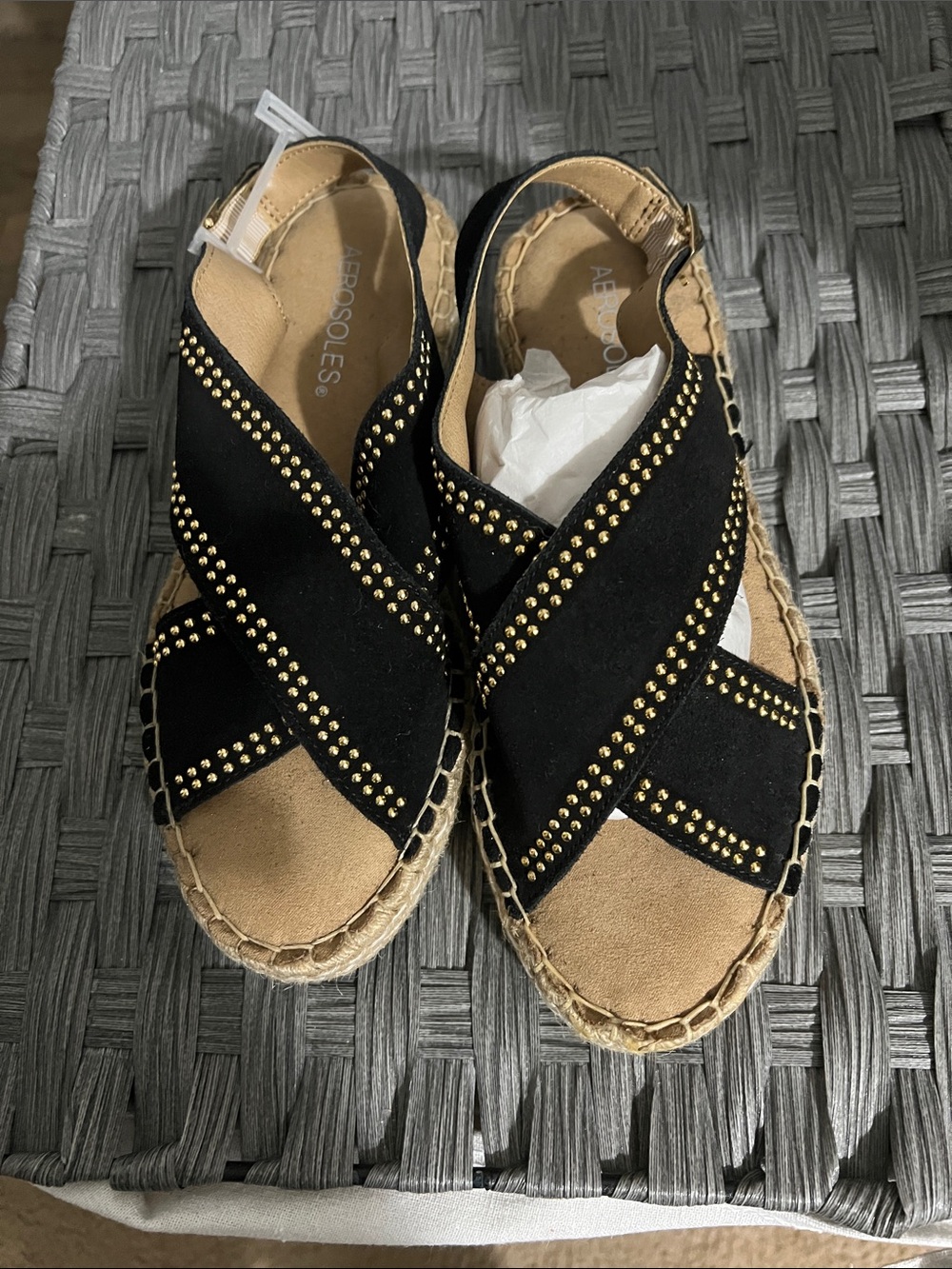 AEROSOLES Black Espadrille Sandals with Gold Stud Trim